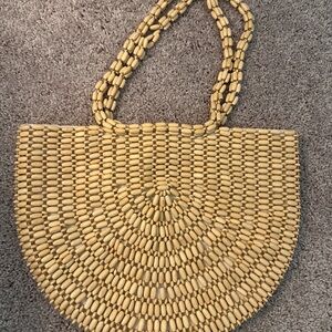 Handcrafted Beaded Half-Moon Tote — Natural Beige